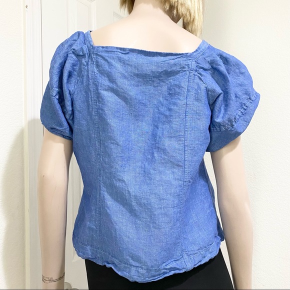 ANN TAYLOR Chambray Puff Sleeve Square Neck Blouse - Picture 2 of 12